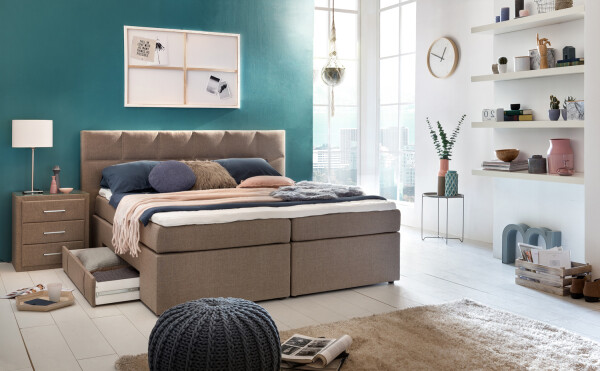 Boxspringbett Bea mit Visco-Topper Beige/grau H2/H3 200x200cm mit Bettkasten