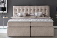 Hochwertiges Boxspringbett Perris in beige im stilvollem Schlafzimmer und Made in Germany