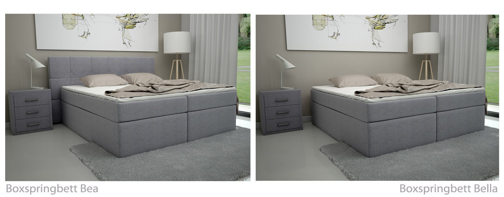 Links Boxspringbett Bea vs. Rechts Boxspringbett Bella ohne Kopfteil